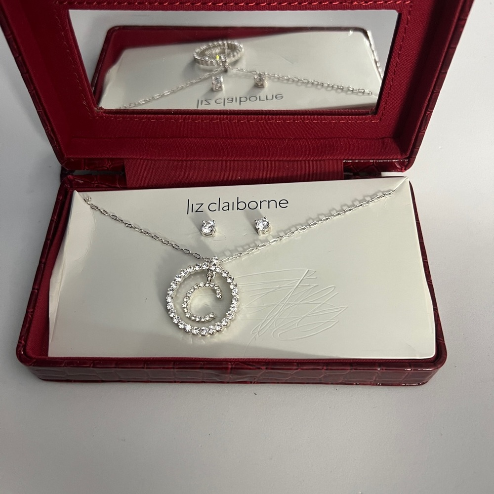 Vtg Liz Claiborne Crystal Rhinestone Initial C Pendant and Earrings Set